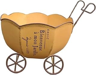Suporte decorativo para vaso de jardim em forma de carrinho amarelo com rodas e texto francês