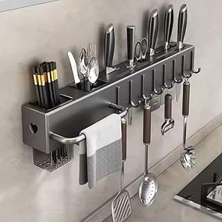 Suporte organizador de cozinha em aço inox com seis ganchos para utensílios de cozinha