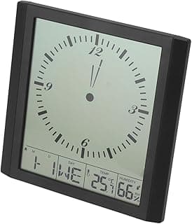 Relógio digital de parede com LCD, mostra hora, data, dia, temperatura e umidade, fundo branco.