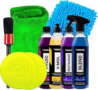 Kit Estética Automotiva Vonixx com spray Blend, Restaurax, shampoo V-Mol, V-Floc, discos, escova e panos