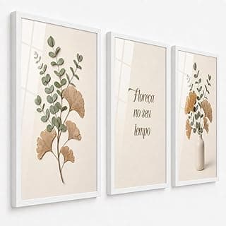 Kit 3 Quadros Decorativos Botânicos com Folhagens e Frase Inspiracional, Arte Minimalista