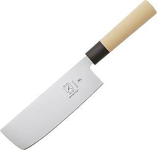 Faca de legumes Nakiri asiática da Mercer Culinary com alça NSF, cabo de madeira, lâmina de aço polida, logotipo branco, texto preto
