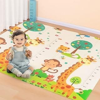 Tapete dobrável infantil com ilustrações de animais selvagens, macacos e girafas, verde e branco, antiderrapante.