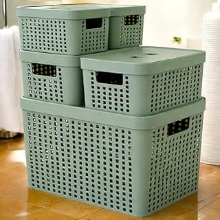 Kit 5 Caixas Organizadoras com Tampa Plástico Resistente Multiuso Armário Cozinha Lavanderia (VERDE)