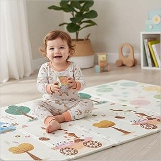 Tapete térmico infantil dobrável com estampa dupla face, árvores e personagens de fazenda, macio e antiderrapante, ideal para bebês e crianças