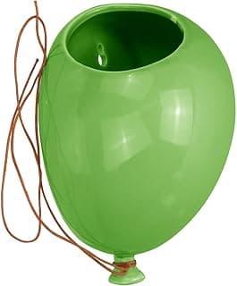 Vaso de parede decorativo em forma de balão verde, com alça marrom, fundo branco.