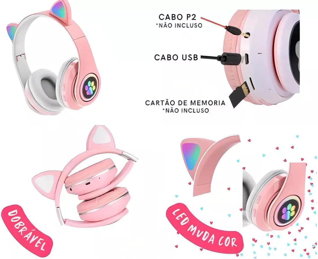 Fone de Ouvido Bluetooth Gatinho com LED Colorido, Headset Bluetooth Orelhas de Gato com Luz LED, Fones de Ouvido Wireless Cartão de Memória, Cabo P2, Bateria de 400mAh (Rosa) (Verde)