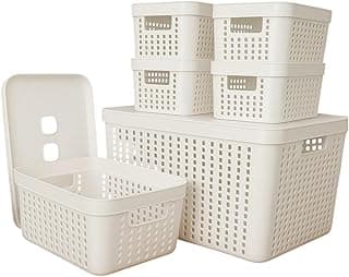 Kit de 6 caixas organizadoras brancas com tampas transparentes, tamanhos variados, para quarto, cozinha ou escritório.