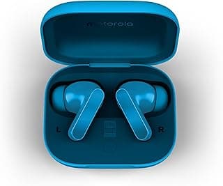 Fone de ouvido sem fio Motorola Moto Buds em caixa azul, cancelamento de ruído, som espacial