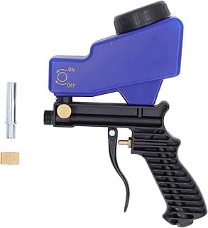 Pistola de pintura com jato de areia azul e preto, seletor ON/OFF, tubo metálico e acessório em madeira