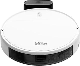 Robô aspirador de pó branco com logotipo smart, frente, controles na parte inferior