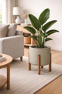 Vaso de planta cinza com pés de madeira para decoração moderna de jardim e casa