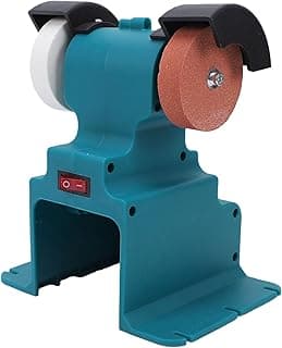 Mini esmerilhadeira de bancada azul e preta com rebolo e disco instalados