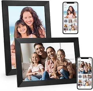 Porta-retratos digitais de 10,1 polegadas com fotos de família, molduras pretas, fundo branco
