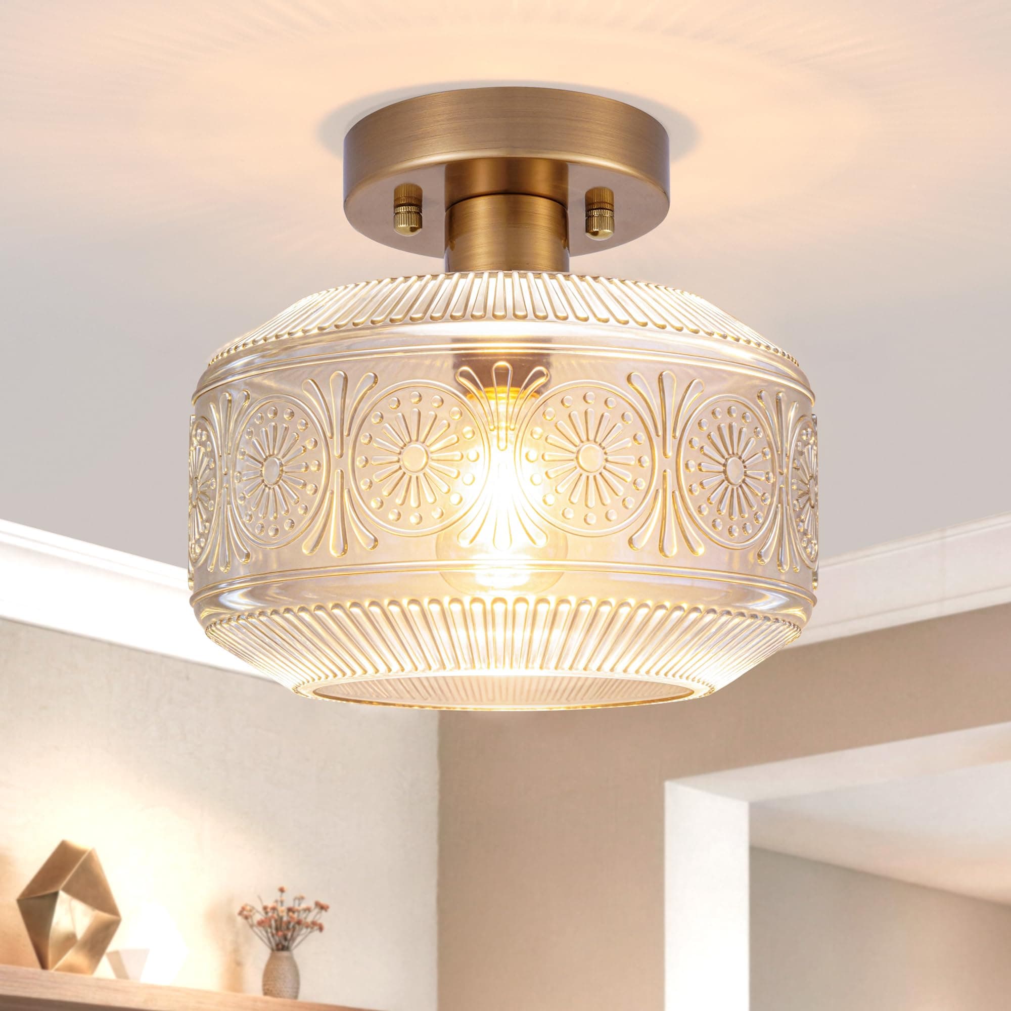 DSMJFU Luminária de teto de montagem semi-embutida, luminária de teto pequena vintage, luminária de corredor de vidro espesso, luz de montagem de teto de cozinha de latão para entrada, quarto