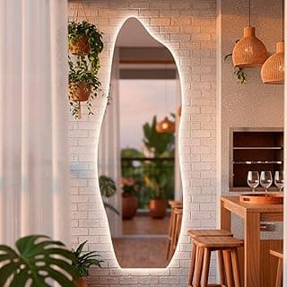 Espelho de parede orgânico grande com LED quente, 150x50 cm, para sala, quarto ou banheiro.