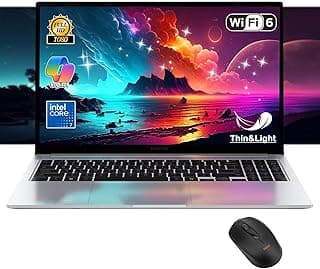 Laptop aberto com teclado retroiluminado e mouse, mostrando uma paisagem digital vibrante na tela