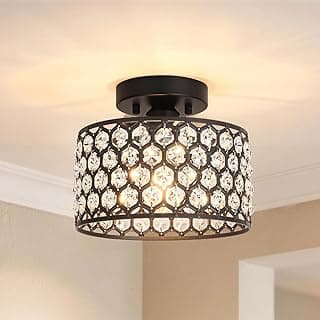 Luminária de teto moderna com cristal preto hexagonal e luz central brilhante