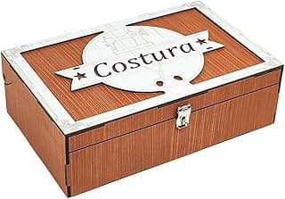 Caixa de costura vintage de madeira mogno com emblema branco