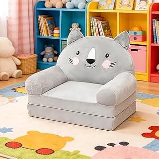 Sofá infantil, cadeira de sofá dobrável, confortável com enchimento de espuma, poltrona de leitura infantil, sofá conversível para relaxar para crianças de 1 a 4 anos (gato cinza)
