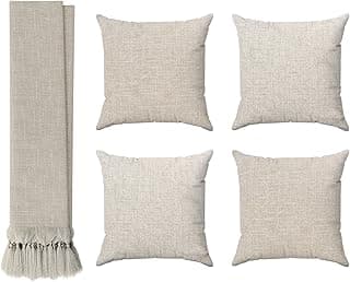 Kit Manta Para Sofá Bege Jacquard Linho + 4 Capas De Almofadas 45x45 Decoração Sala Luxo