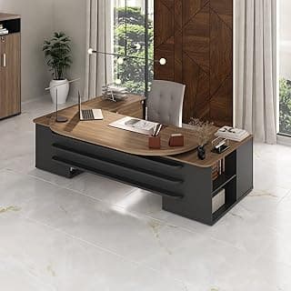Escrivaninha Mesa Escritório Presidente Tamburato com e e Design em U 4 Gavetas 2 Portas 258,2cm Nogal E Preto Nogal/Preto
