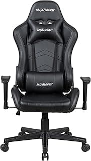 Cadeira gamer preta MAX RACER, assento ergonômico, logo MAX RACER, braços ajustáveis, almofada cervical e lombar, rodas