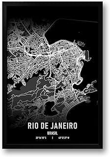 Quadro com Moldura Mapa Rio de Janeiro Brasil Preto Minimalista Decoração Urbana Moderna Tam. 40x60cm