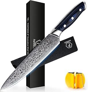 Faca de Chef FANTECK Gyuto Damasco Profissional VG-10 20 cm Prata com Cabo Azul e Preto