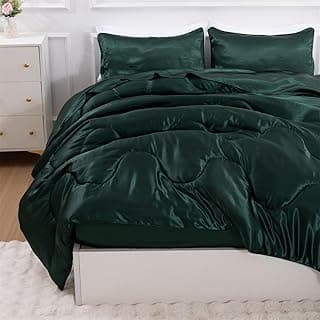 Conjunto de edredom de microfibra super macia de cetim sedoso, verde escuro, em uma cama queen.