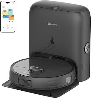 Robô aspirador de pó e esfregão preto, controle de interface superior, fundo branco