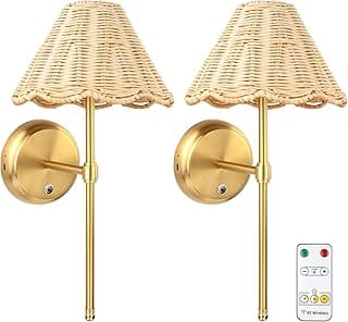 Duas arandelas de parede Boho Rattan com cúpula de vime e controle remoto