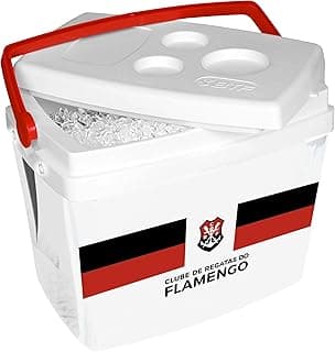 BTF, Cooler, Caixa Térmica com Alça, para Transporte, Tampa Multiuso, Linha Lazer, 26Litros, Licenciado Flamengo, Branca com Alça Vermelha