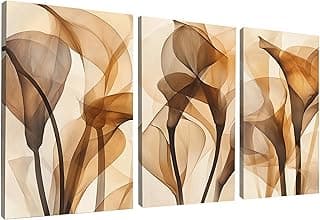 Kit 3 quadros decorativos canvas com flores abstratas em marrom e bege, 40x50cm