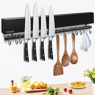 Suporte magnético preto de 43 cm com 10 ganchos para facas e utensílios de cozinha, montado na parede