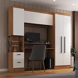 Escrivaninha com armário modular Viena, nogueira e branco, com área de trabalho e cadeira