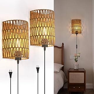 Arandelas de parede Boho FINCMY com design de corda de cânhamo natural, iluminação LED, conjunto de 2