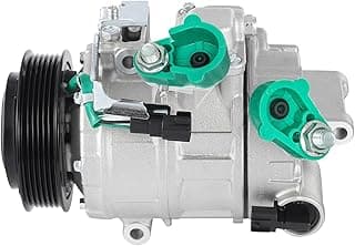 Compressor de ar condicionado para veículos, peça metálica cinza com componentes verdes e pretos.