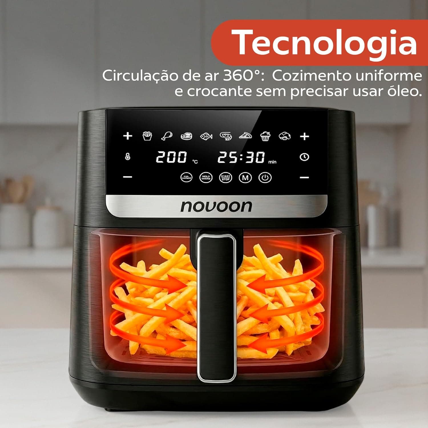 Air Fryer Novaon RA861D 8L preta com tecnologia de circulação de ar 360°.