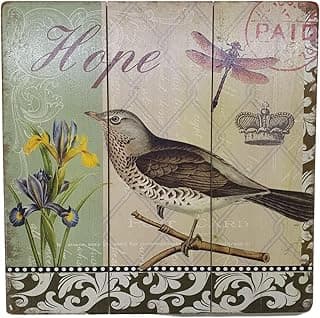 Quadro decorativo vintage com ave, flores e libélula, texto 'Hope', tons de verde e amarelo