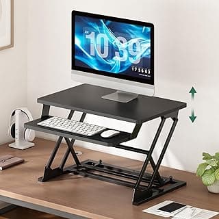 Suporte para mesa de computador preto com monitor e teclado, ajuste de altura