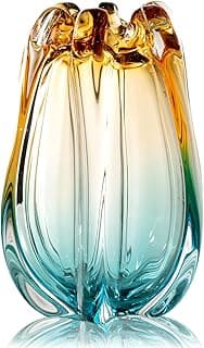 Vaso de vidro soprado à mão azul e amarelo, design art déco, para decoração de mesa