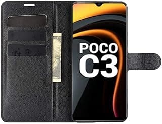 Capa de couro flip wallet para Xiaomi Poco C3, preta, com compartimentos para cartões e dinheiro.