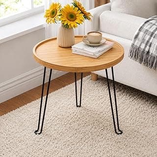 Mesa lateral dobrável em bambu com bandeja removível para petisqueira, 42x45cm, pés metálicos retráteis