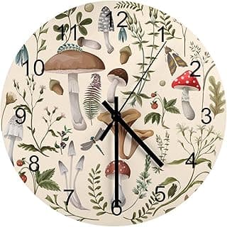 Relógio de parede botânico de 30,5 cm, silencioso, sem tique-taque, madeira, desenho de natureza, folhas botânicas, cogumelo, plantas, padrão, relógio de parede, operado por bateria, cozinha