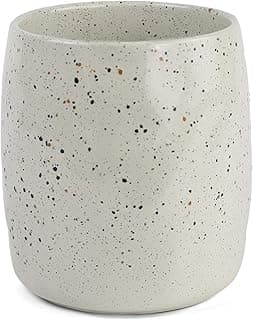 Vaso de cerâmica salpicado esmaltado cinza claro com manchas brancas, pretas e marrons