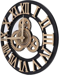 GLOGLOW Relógio de Parede Com Engrenagem de Madeira, Decoração Rústica Silenciosa de 34 Cm, Relógio de Estilo Industrial Elegante para Decoração de Sala de Estar (Ouro)