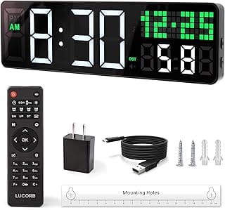 Relógio digital de parede LUCORB com controle remoto, carregador e parafusos