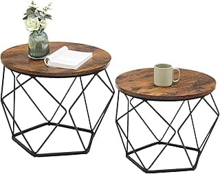 Kit com duas mesas de centro redondas estilo vintage, metal preto e madeira marrom