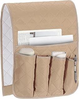 Suporte de poltrona reclinável bege com 5 bolsos para revistas e controle remoto